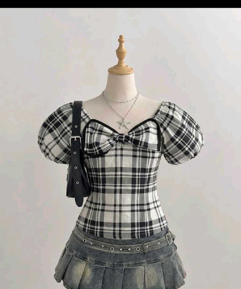 Plaid Puff Sleeve Top with Bow Detail