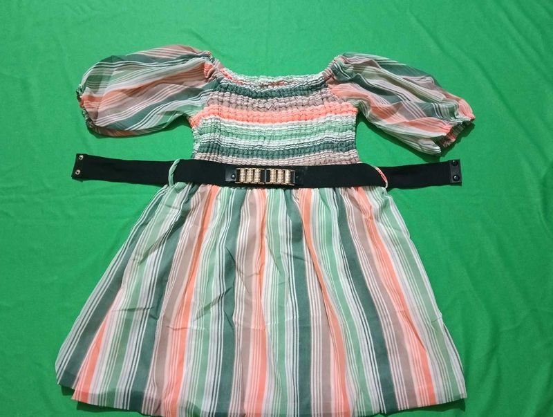 Striped Puff Sleeve Dress with Belt