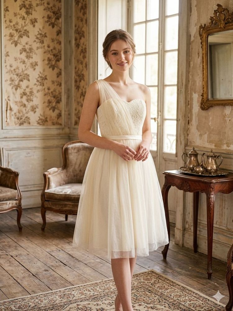 3 for 999 Elegant Cream One-Shoulder Tulle Dress
