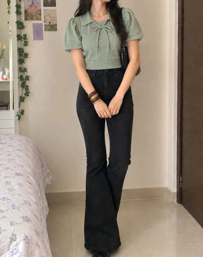 Cute Sage Green Puff Sleeve Top