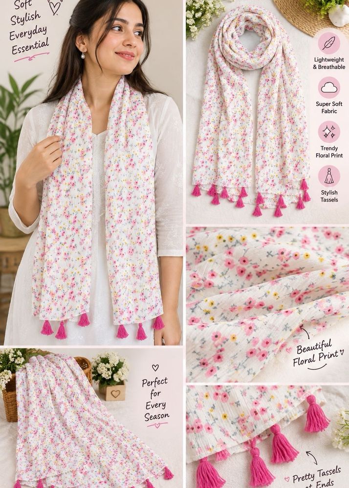 Floral Print Scarf with Tassels