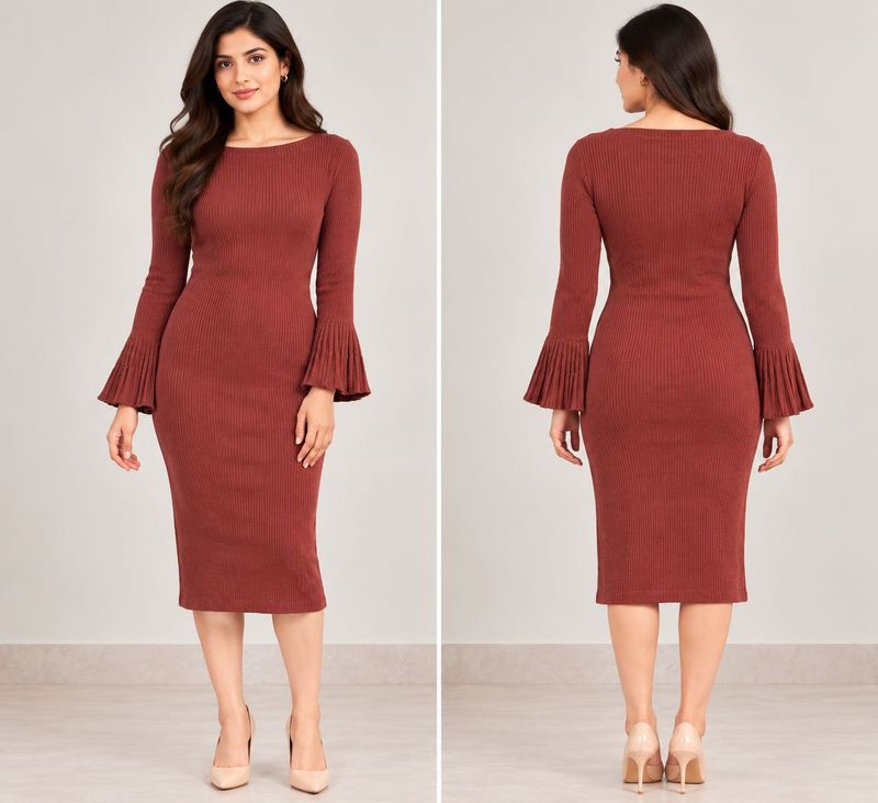 Women’s Rust Brown Ribbed Bodycon Midi Dress