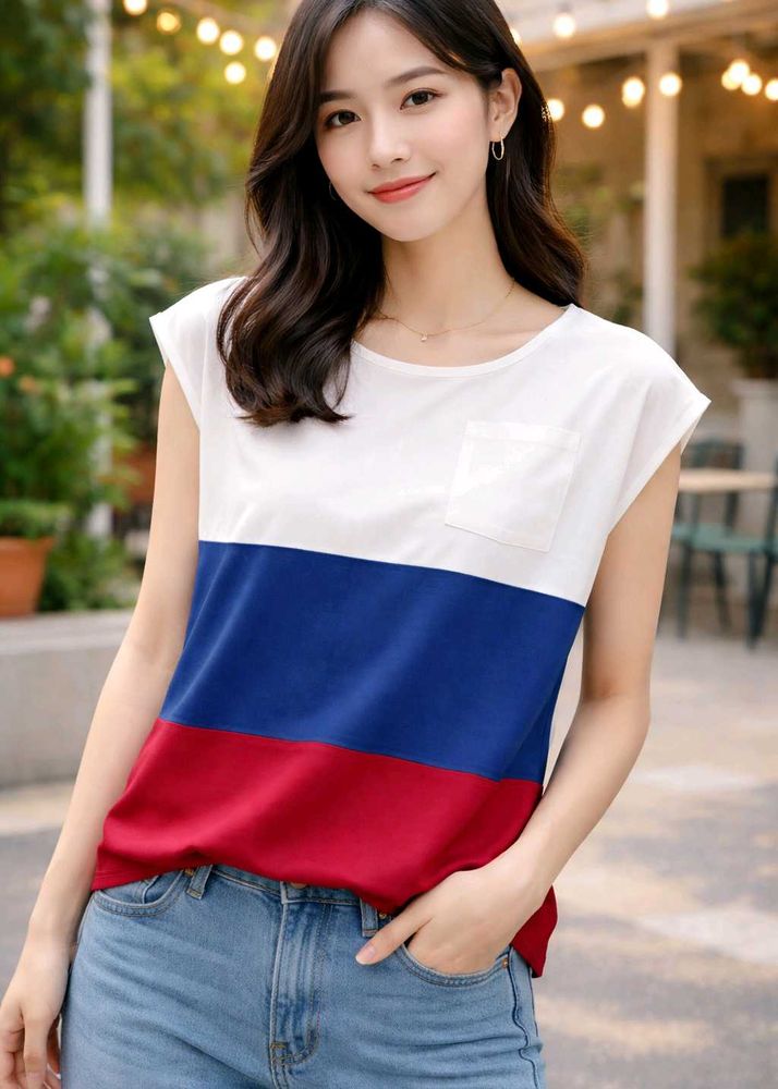 White Red Blue Stripes Top For Women