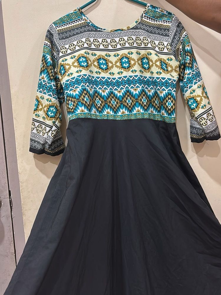 Ethnic Printed Anarkali Dress – Black with Turquoi
