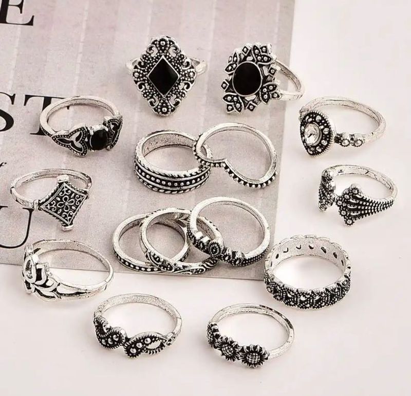 Boho Silver Tone Ring Set of 15