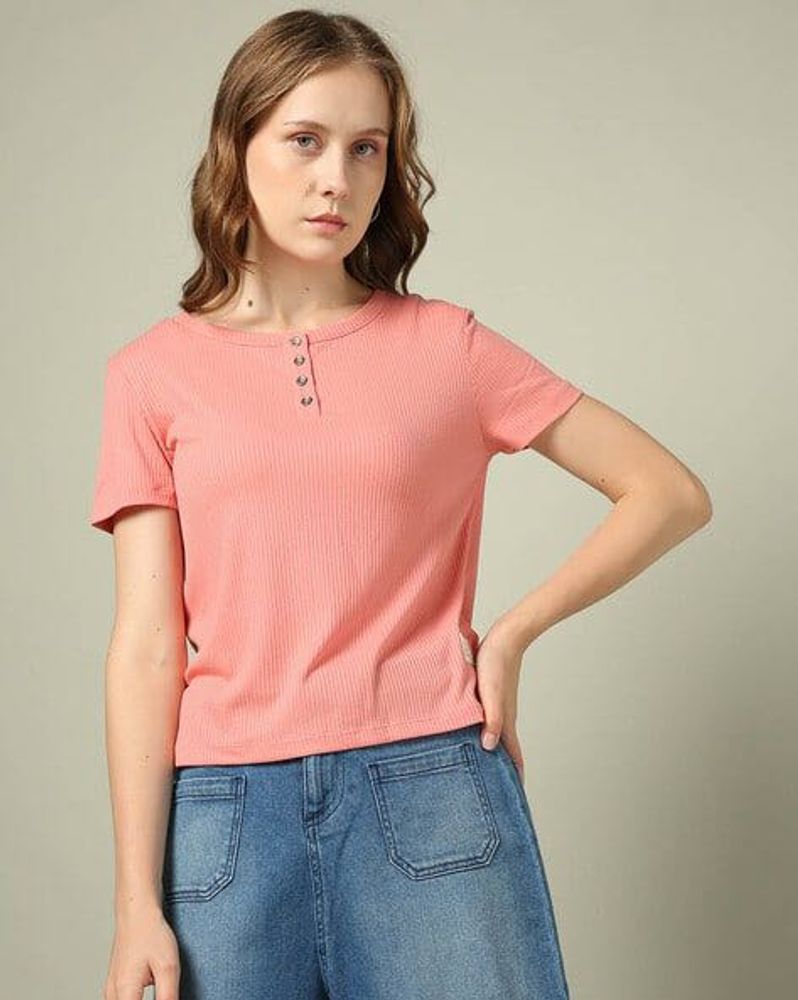 Ribbed  Salmon Top with "Have a Beautiful Day" Tag