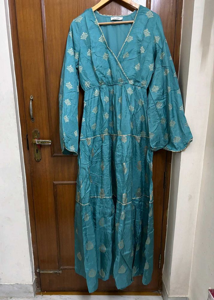 Teal Ethnic Gown/Dress with Gold Print