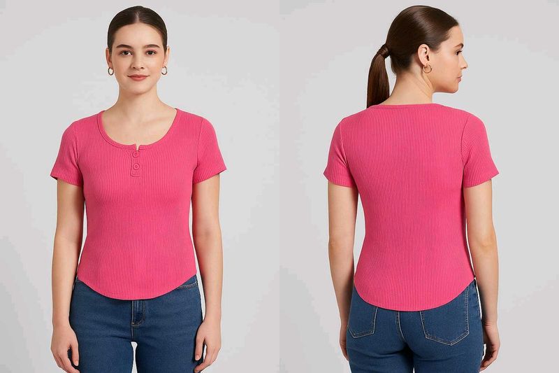 Pink Ribbed Henley Top