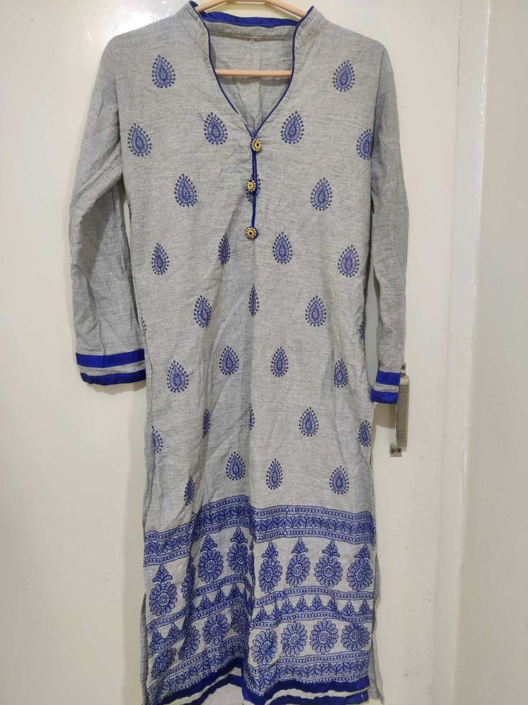 Grey &amp; Blue Printed Kurta