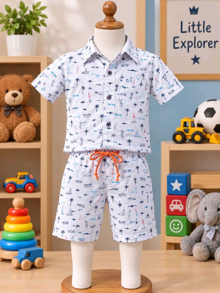 Summer Beach Print Shirt and Shorts Set