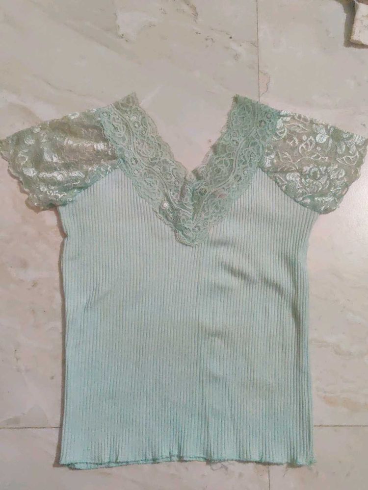 Light Blue Lace Trim Ribbed Top