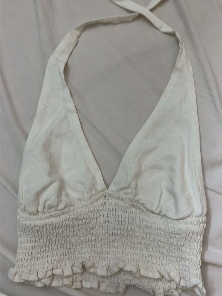 White Smocked Halter Crop Top