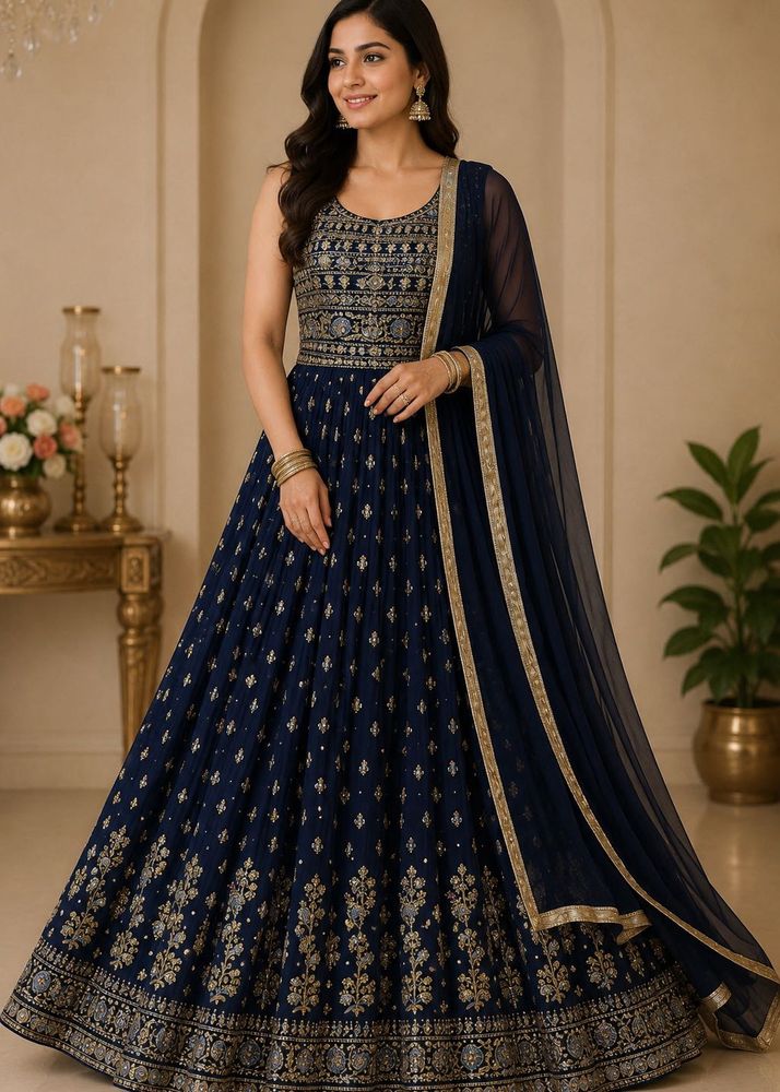 🔥SALE 🔥Navy Blue Embroidered Lehenga style gown