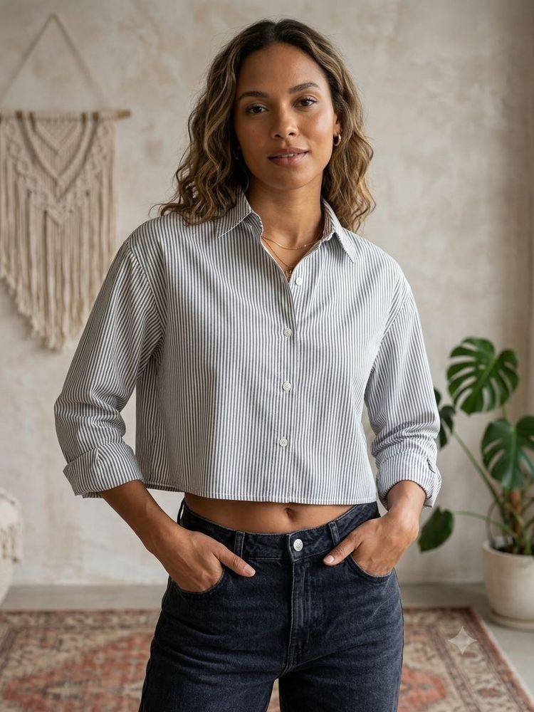 Striped Cropped Button-Down Shirt