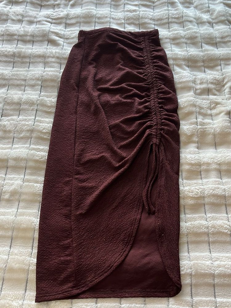 Brown Chic Ruched Midi Skirt