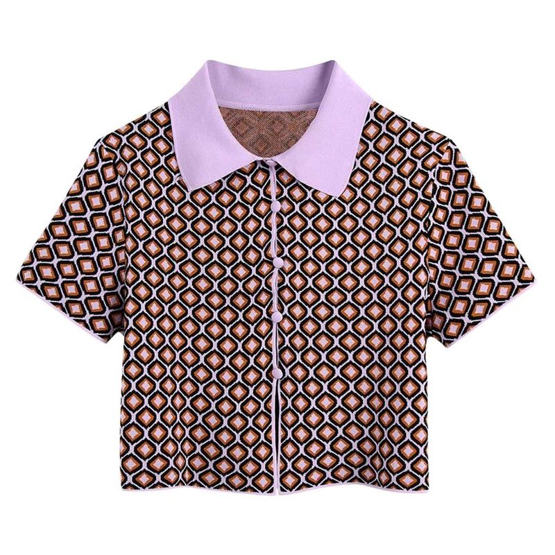 Retro Geometric Print Button-Up Top