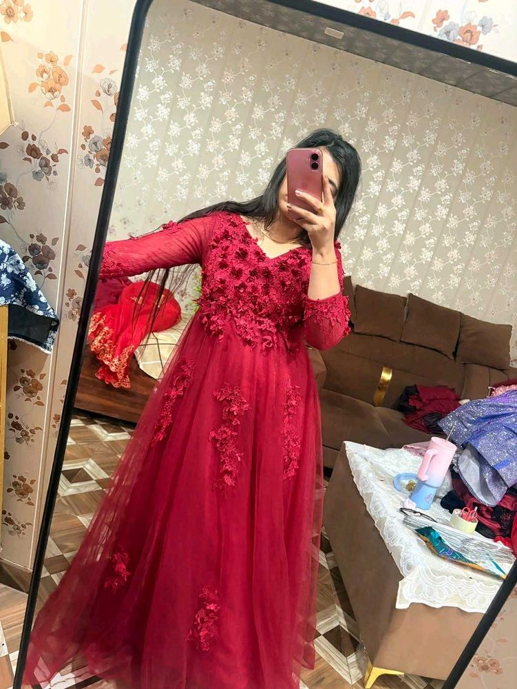 Elegant Red Floral Embroidered Gown