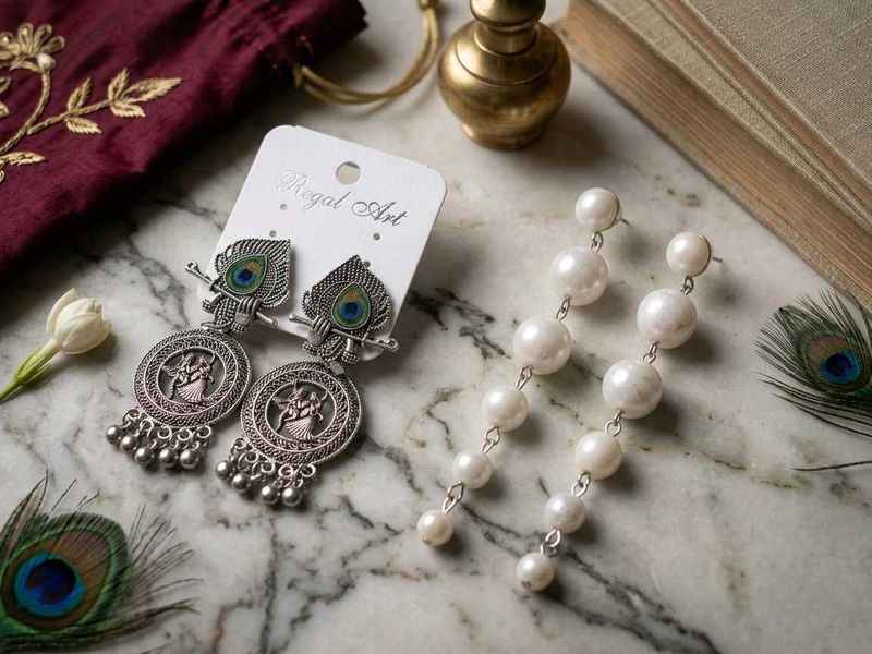 Indian Peacock &amp; Pearl Drop Earrings