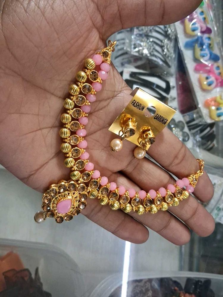 Elegant Pink Beaded Necklace &amp; Earring Set