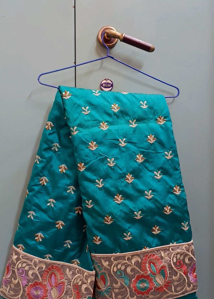 Teal Embroidered Silk Saree with blouse