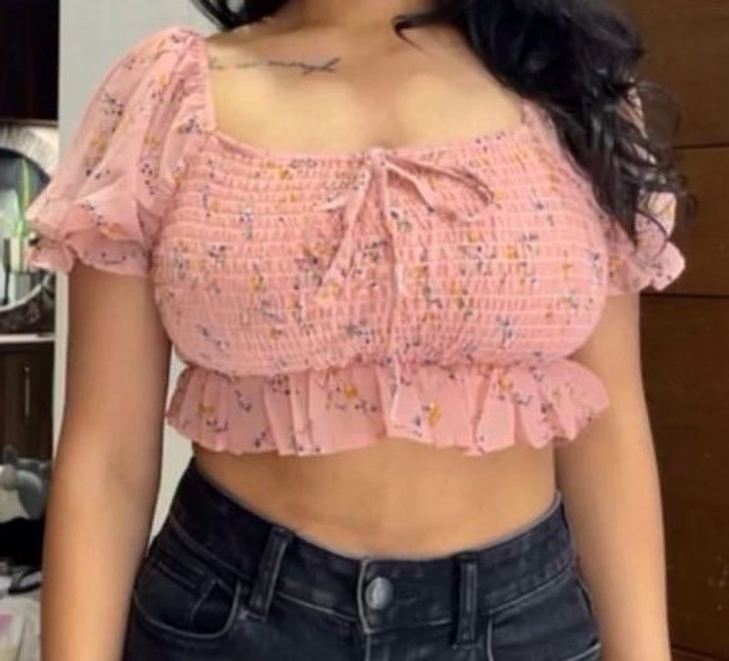 Pink Floral Smocked Crop Top