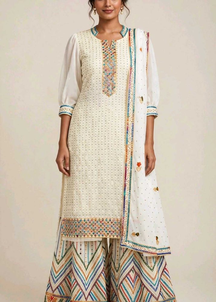 Embroidered Cream Kurta with Palazzo Pants