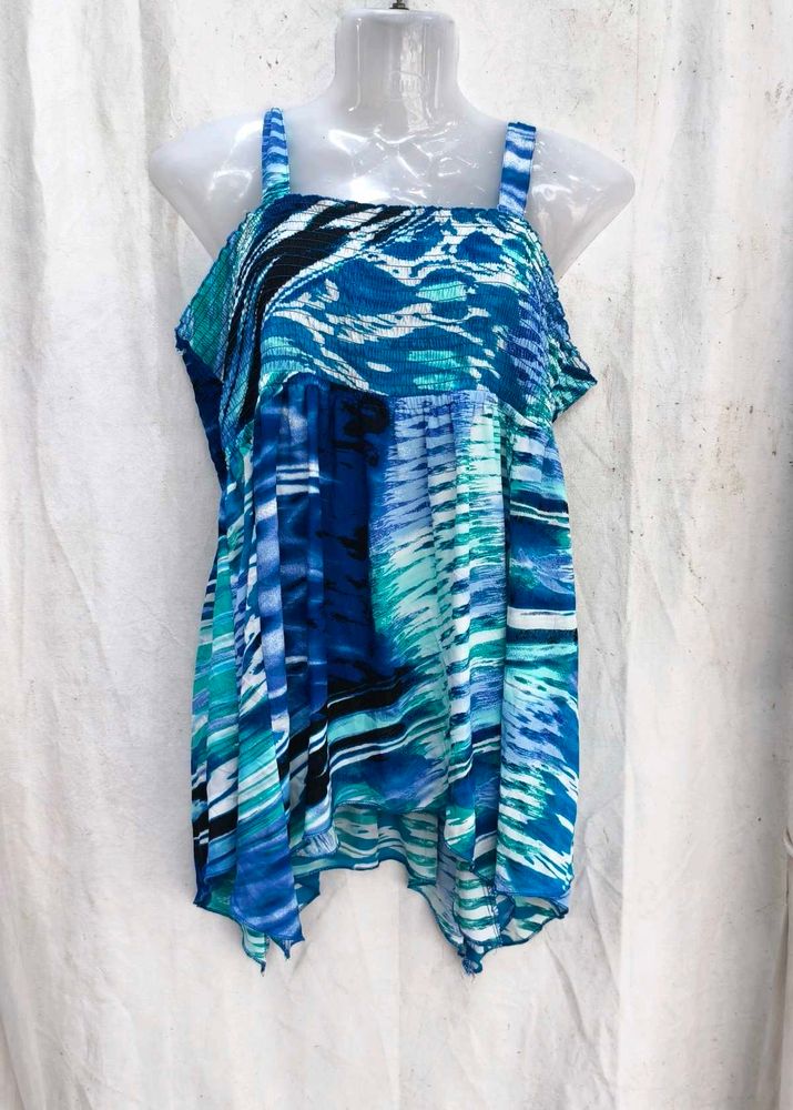 868. Abstract Blue &amp; Teal Print Top