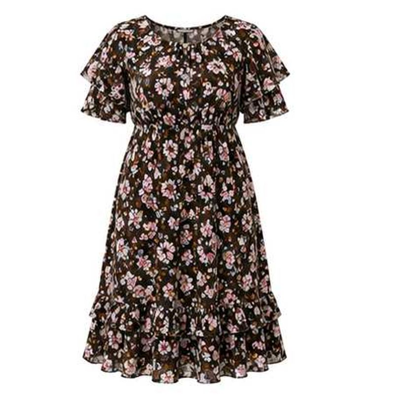 Brown Floral Ruffle Dress