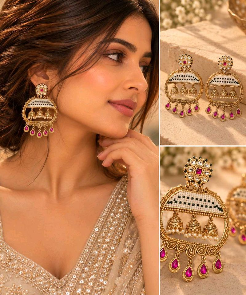 Elegant Ethnic Earrings with Pink Stones