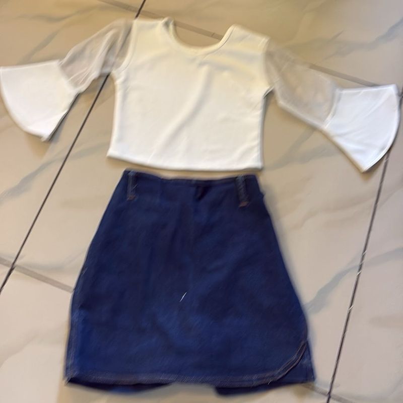 White Mesh Sleeve Top &amp; Denim Skirt Set