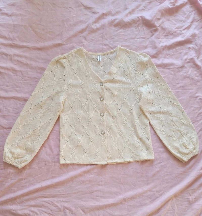 Cream Eyelet Button-Up Top