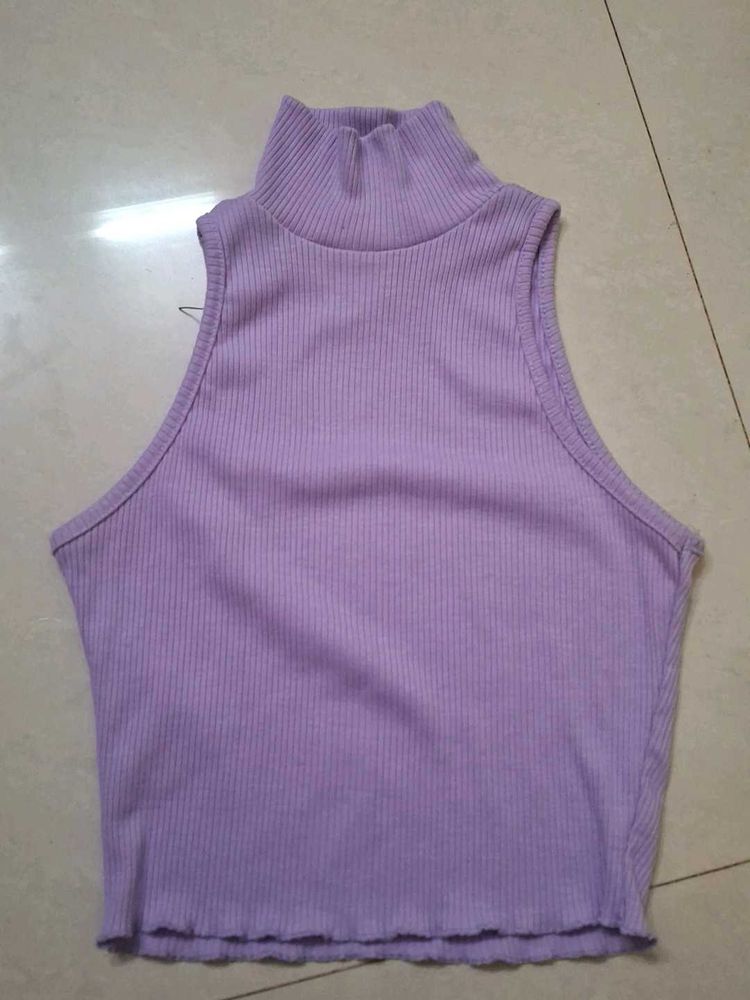 Purple Ribbed Mock Neck Sleeveless Top
