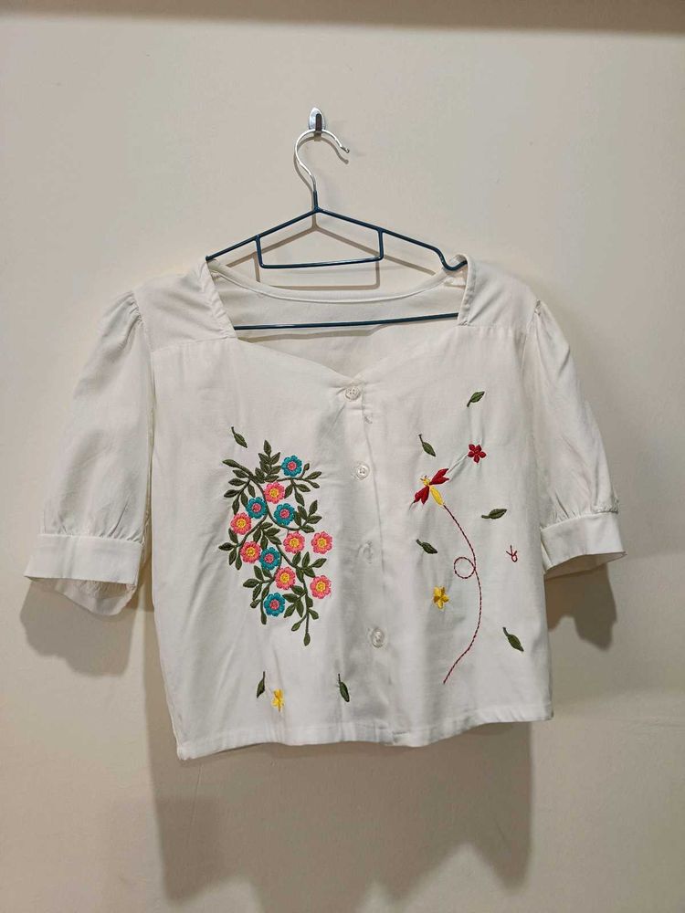 Embroidered White Cropped Top