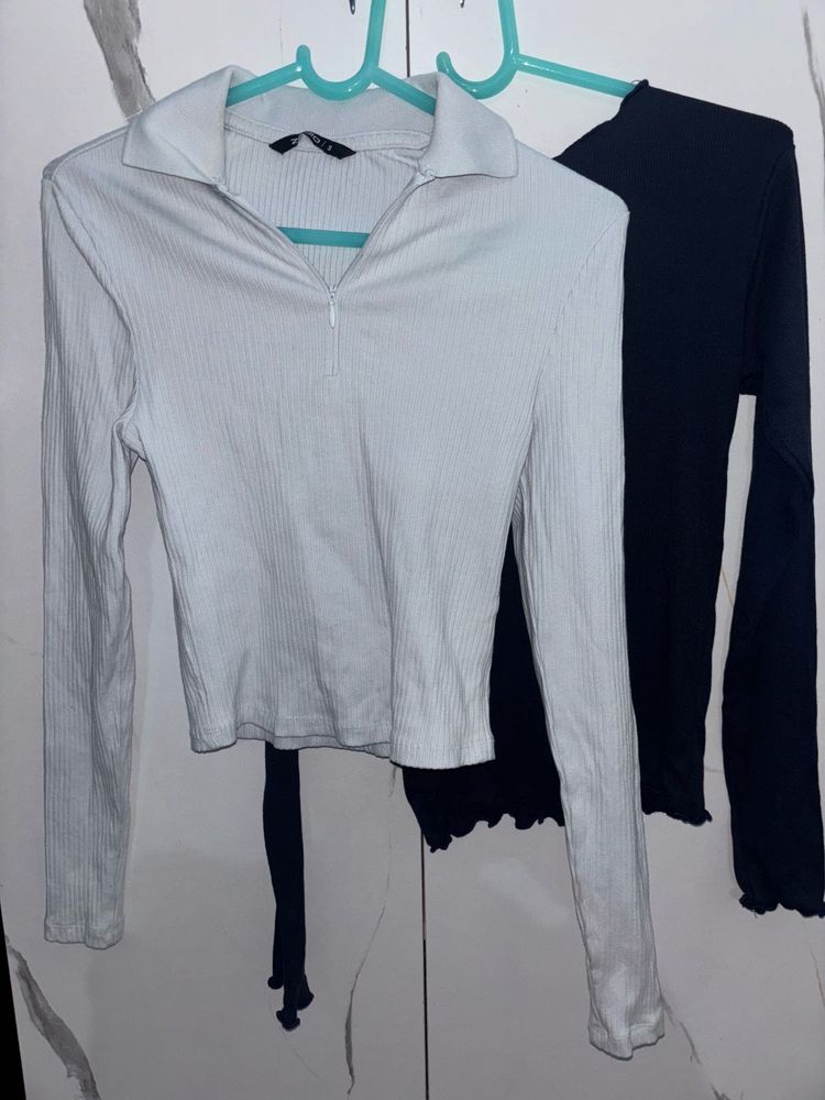 Ribbed Quarter Zip Long Sleeve Tops