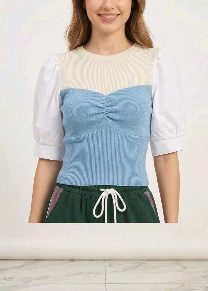 Cute Color Block Puff Sleeve Top