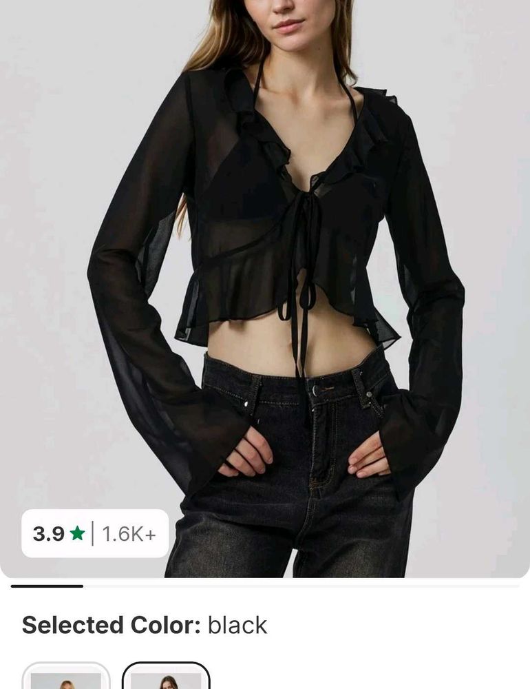 Sheer Black Ruffle Tie-Front Crop Top