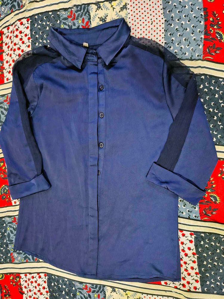 Chic Navy Blue Sheer Panel Shirt