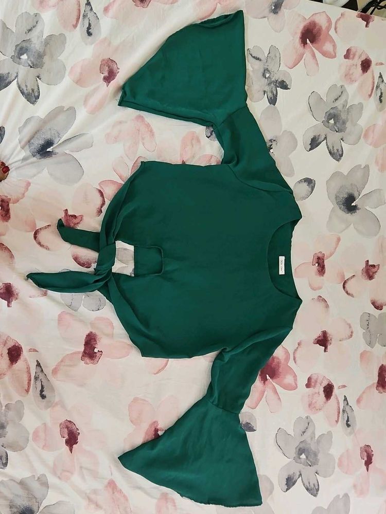 Emerald Green Bell Sleeve Tie-Front Top