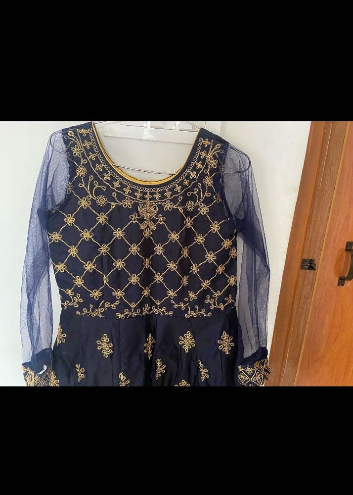 Elegant Navy Blue Embroidered Maxi Dress