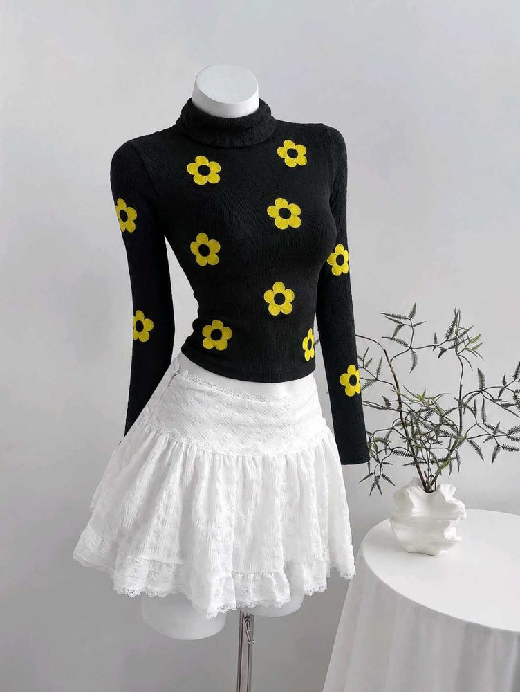 Black Floral Turtleneck Top