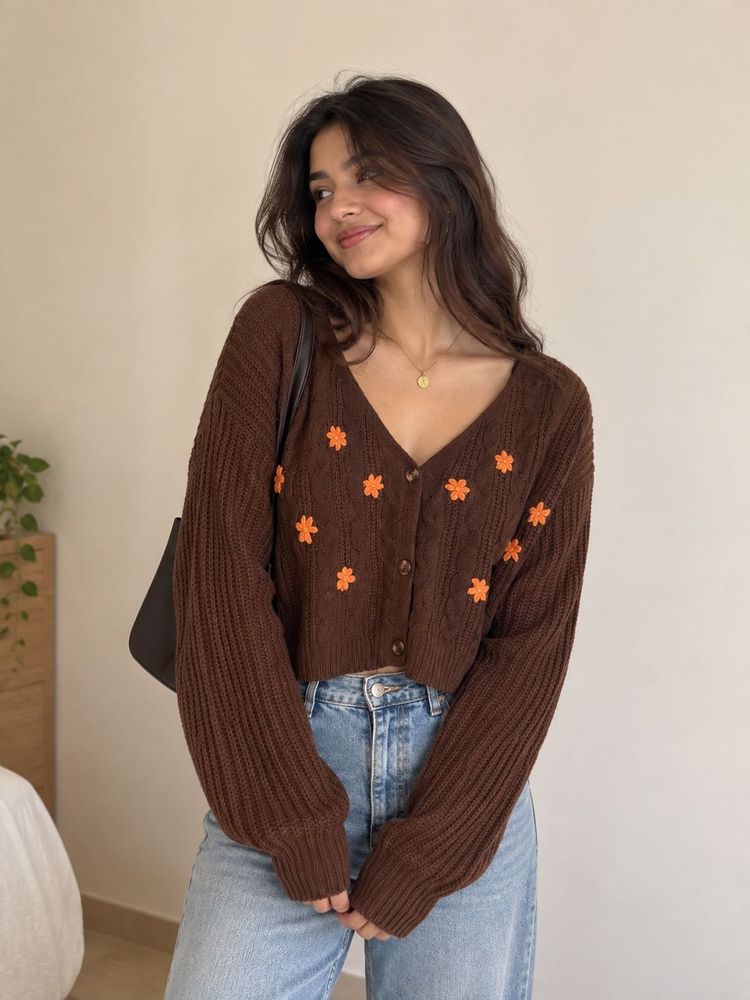 Brown Cropped Cardigan with Flower Embellishment