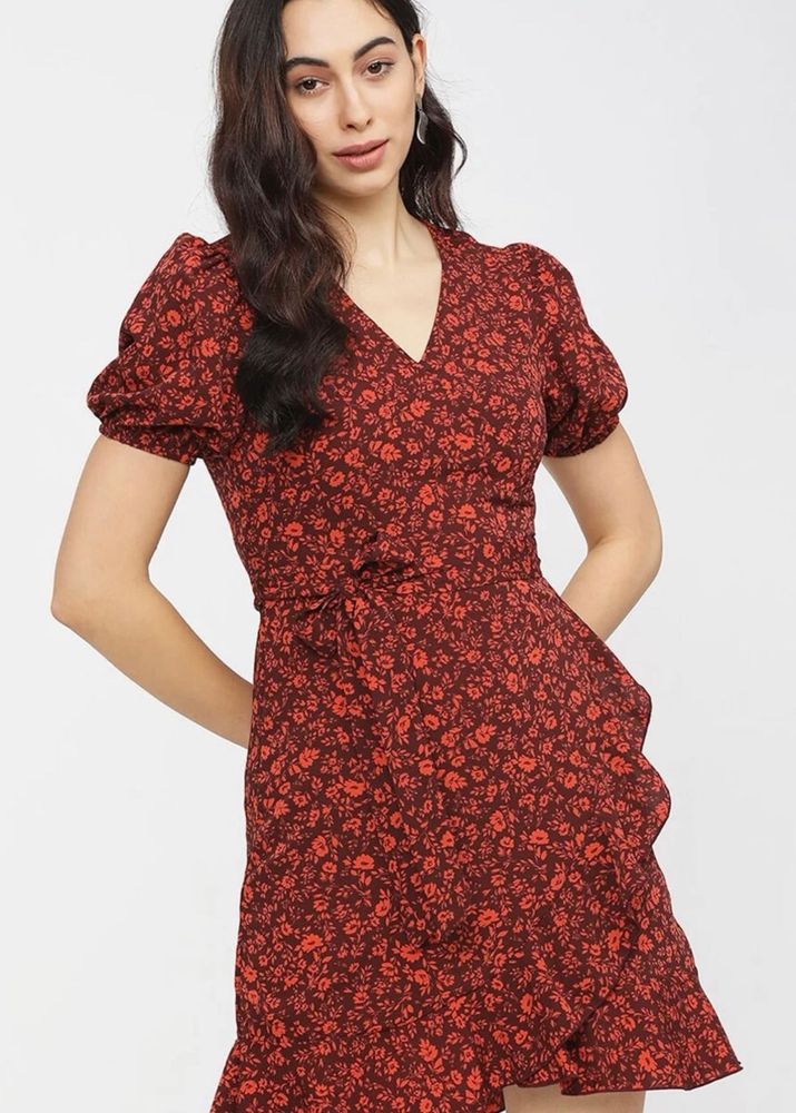 Women’s Rust Floral Printed Wrap Style Dresse