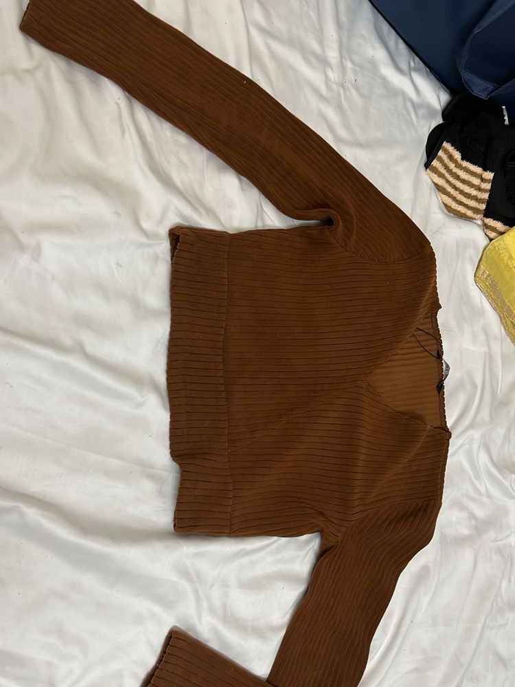Ribbed Brown Long Sleeve Top