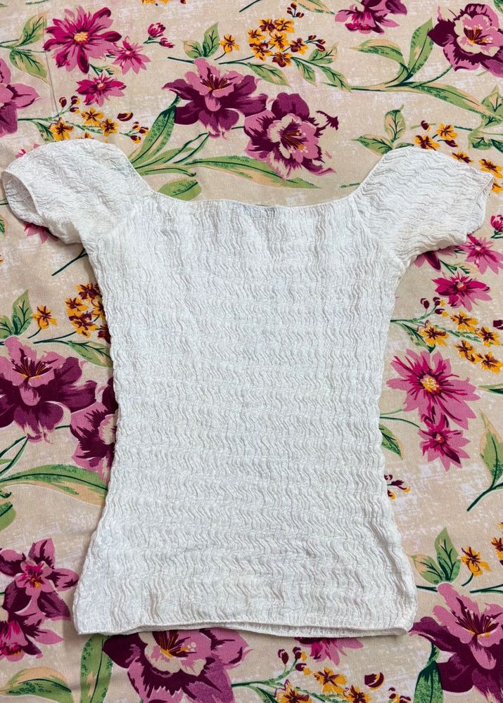Zara White Textured Off-Shoulder Top