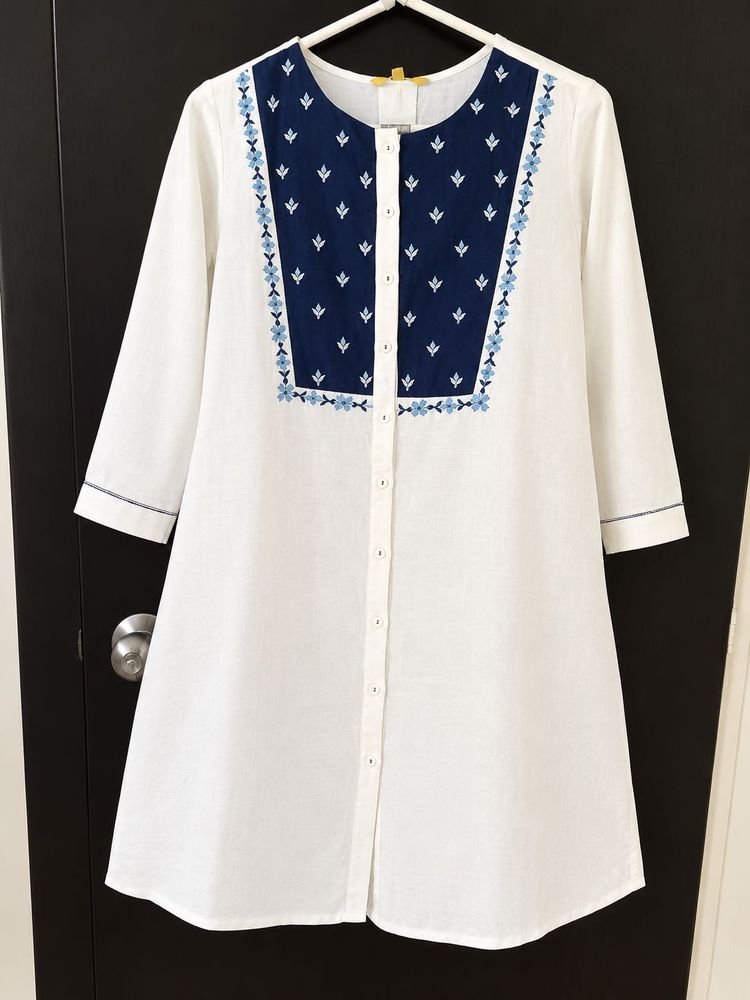White short Kurta with Blue Embroidery