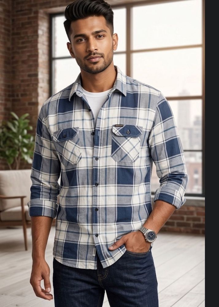 Men's Blue Plaid Long Sleeve Shirt