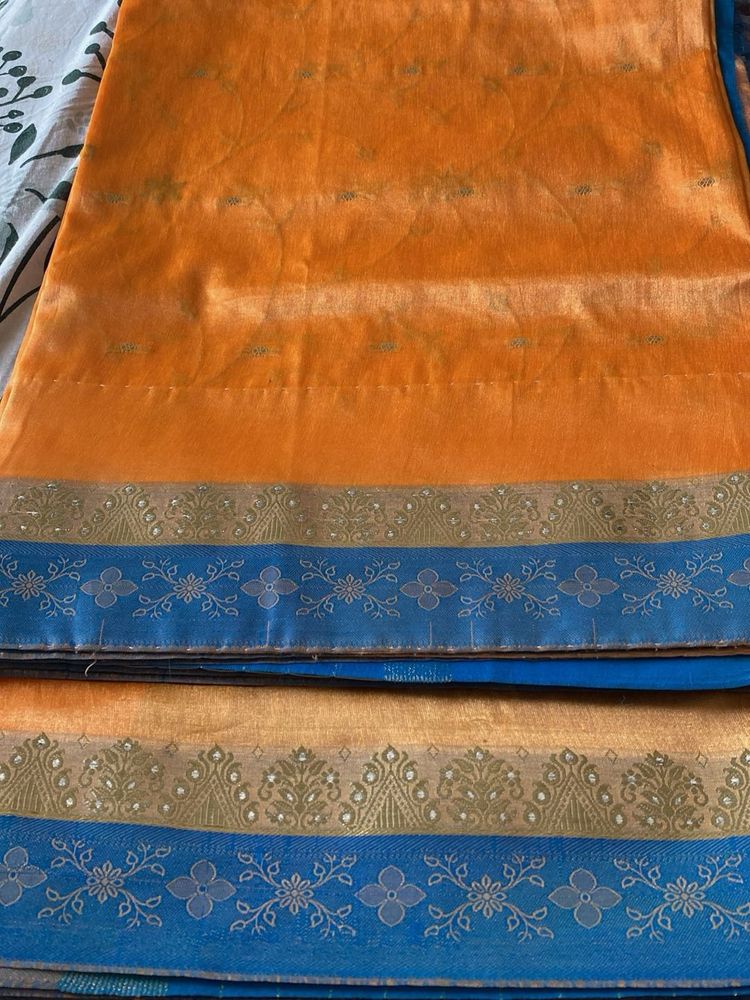 Elegant Orange Saree with Blue Border
