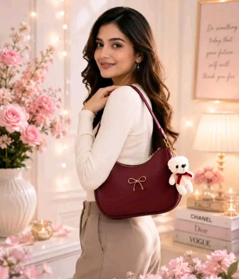 Chic Burgundy Hobo Bag with Charm