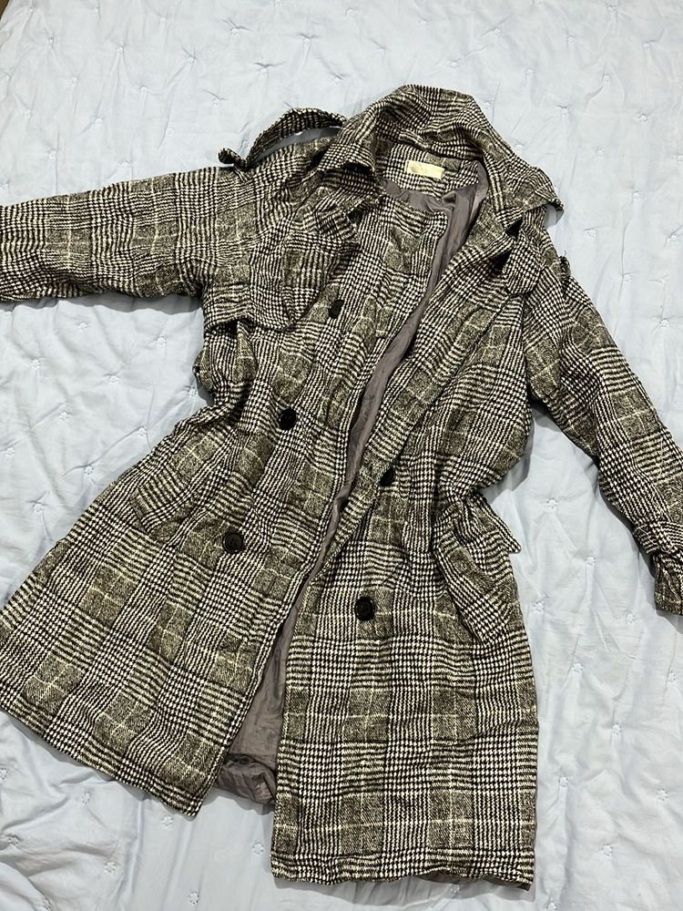 Plaid Double-Breasted Trench Coat
