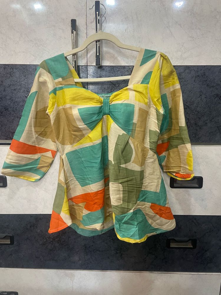 Vibrant Geometric Print Bow Top